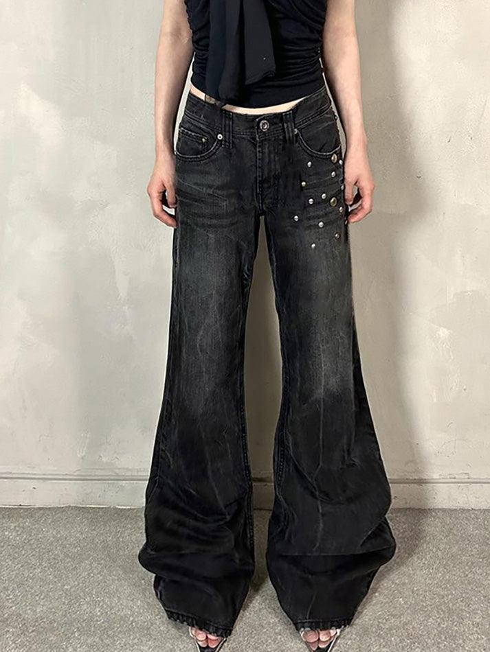 Vintage Washed Studded Flared Jeans