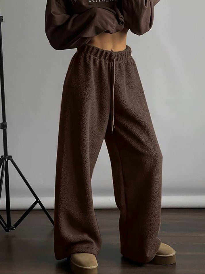 Drawstring Wide Leg Loose Teddy Fleece Pants