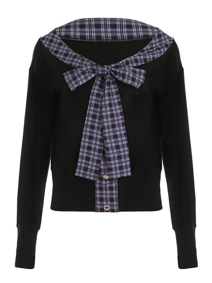 V-Neck Plaid Tie Bow Contrast Long Sleeve Top