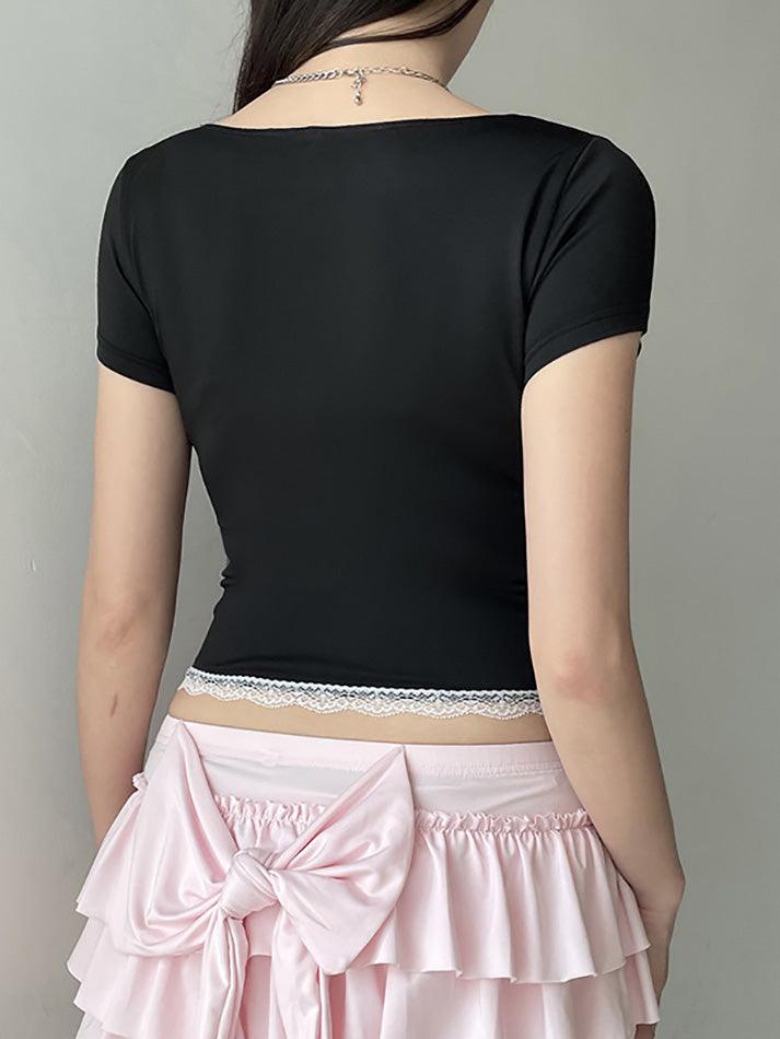 Bow Accent Lace-Trim Plain Slim-Fit Crop Top - AnotherChill