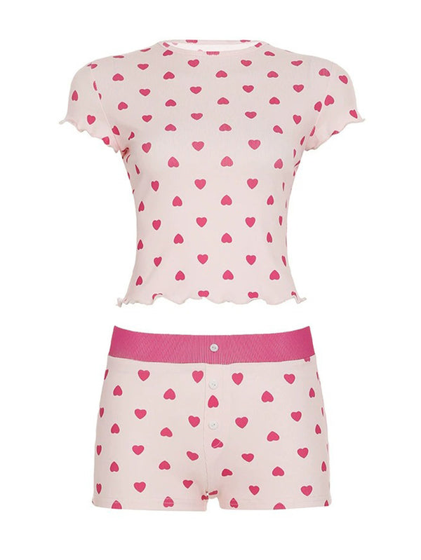 Heart Print Contrast Rolled-Hem Two-Piece Set