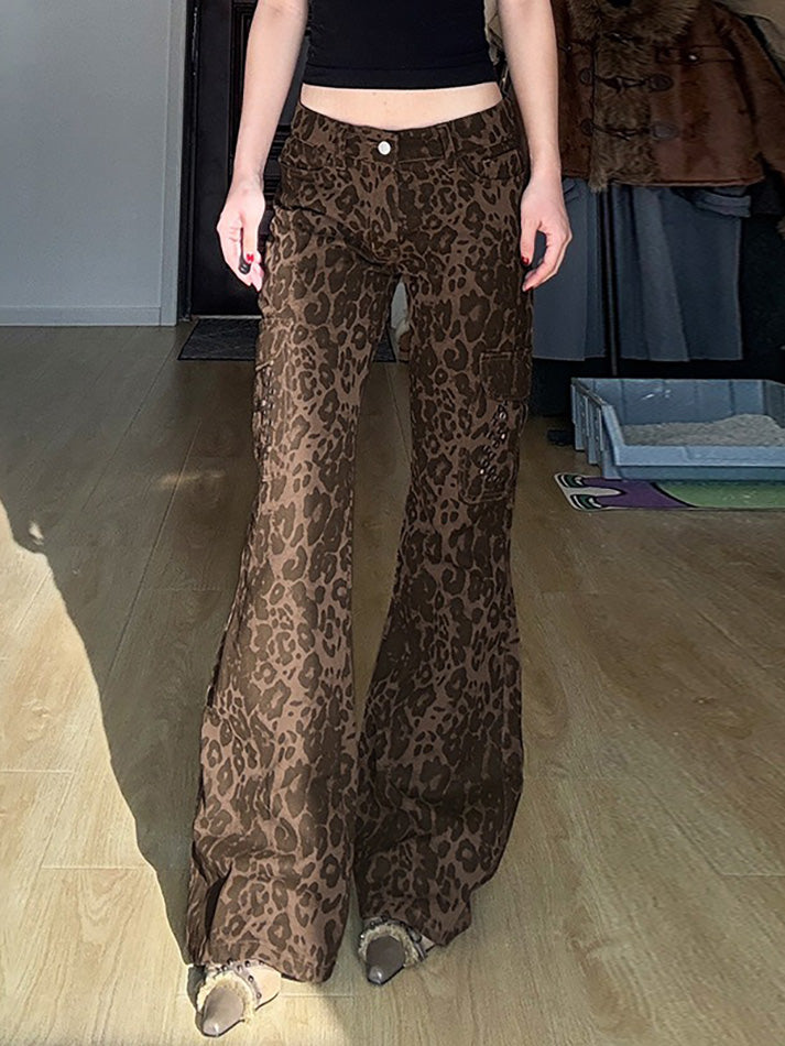 Vintage Leopard Print Multi-Pocket Flared Jeans