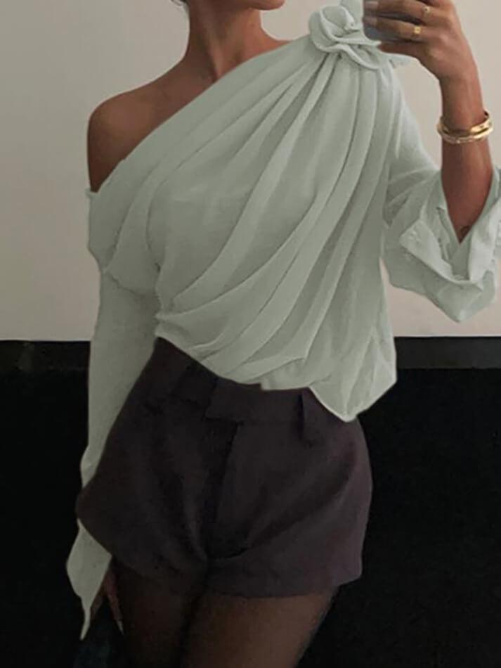 Chiffon Semi-sheer One Shoulder Asymmetrical Top - AnotherChill