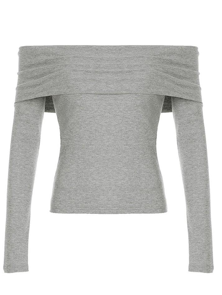 Long Sleeve Off-Shoulder Plain Slim-Fit Knit Top