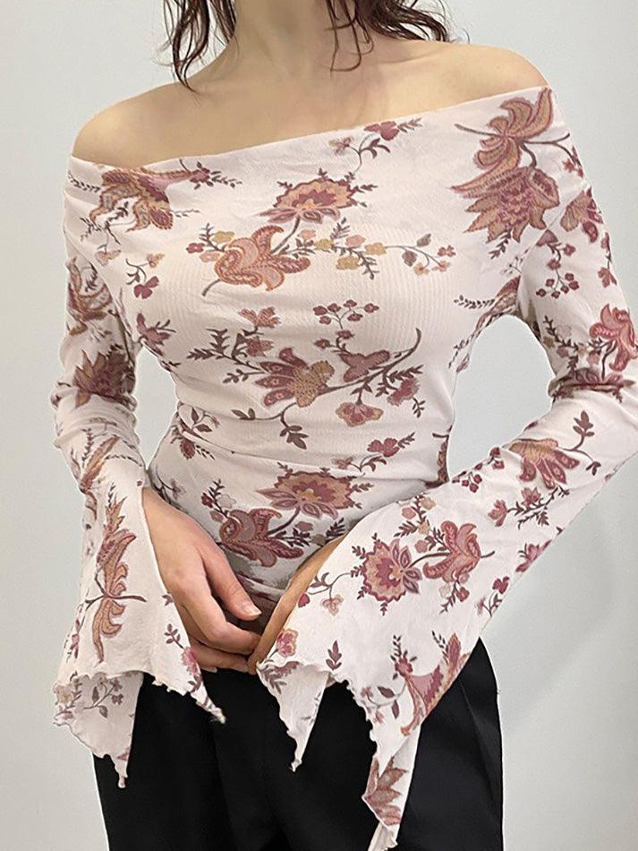 Off-Shoulder Floral Print Bell Sleeve Top