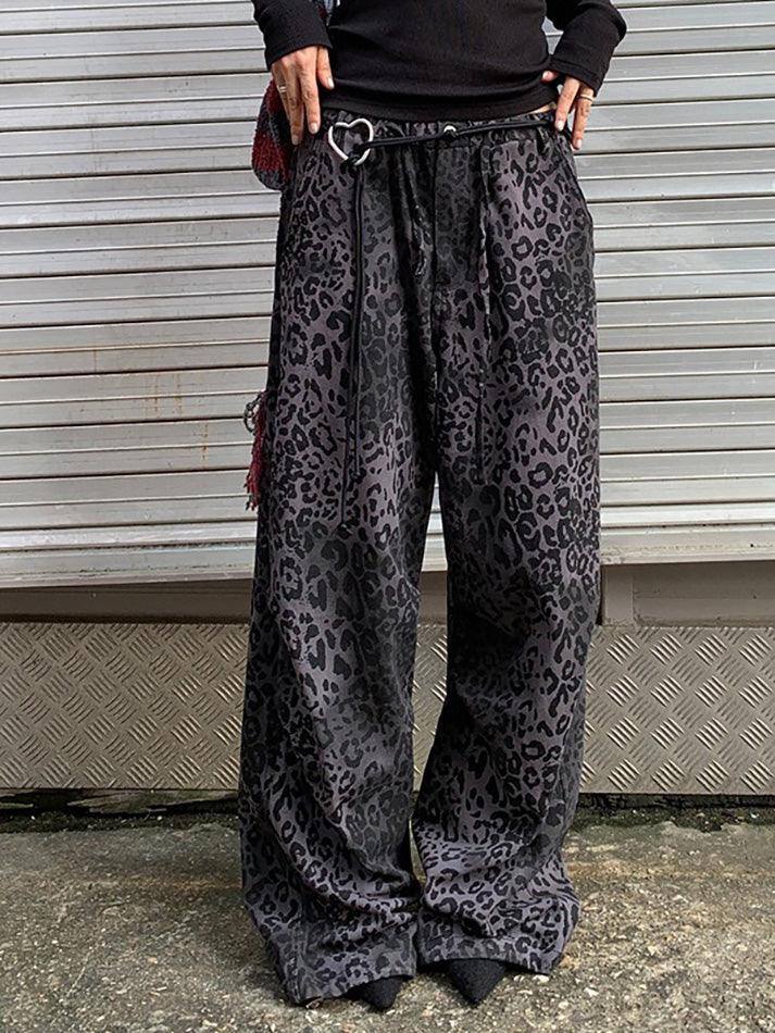 Vintage Leopard Print Wide-Leg Straight Pants