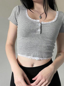 Lace Splicing Button Half Open Neck Crop Top - AnotherChill