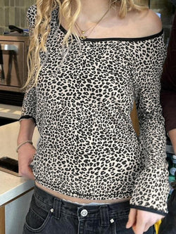 Leopard Print Round Neck Off Shoulder Long Sleeve Tee