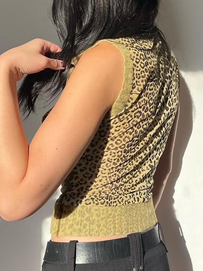 Vintage Leopard Print High-Neck Mesh Patchwork Tank Top