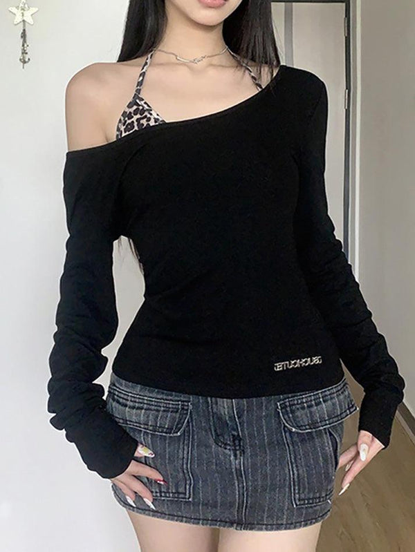 Leopard Print One Shoulder Long Sleeve Tee