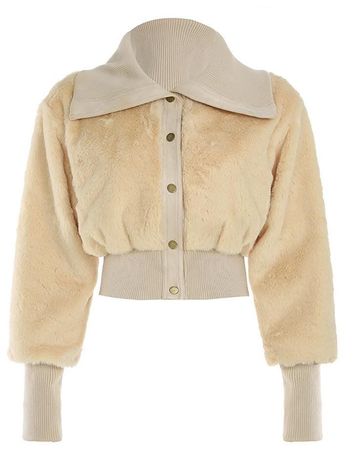 Long Sleeve Plain Furry Button Up Jacket