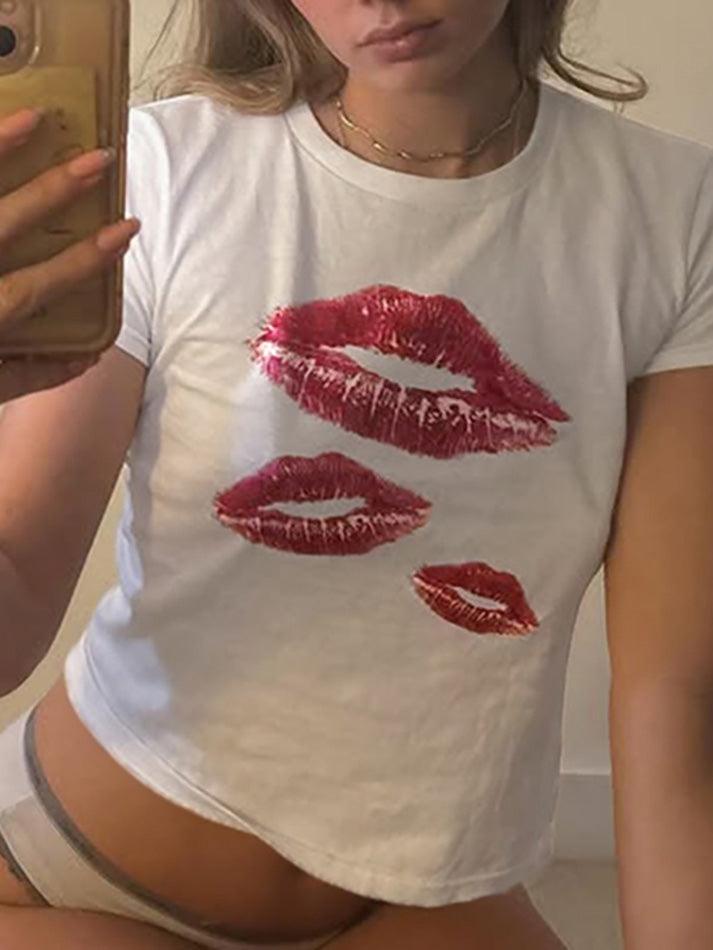 Lip Print Crew Neck Crop Top