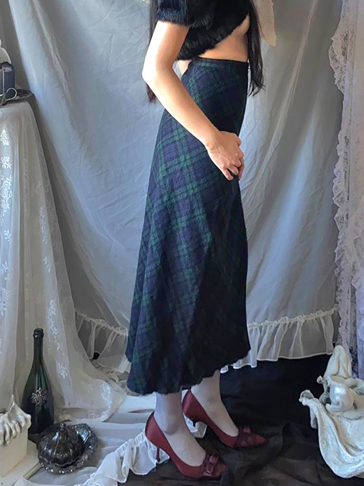 Vintage Plaid High-Waisted Midi Skirt