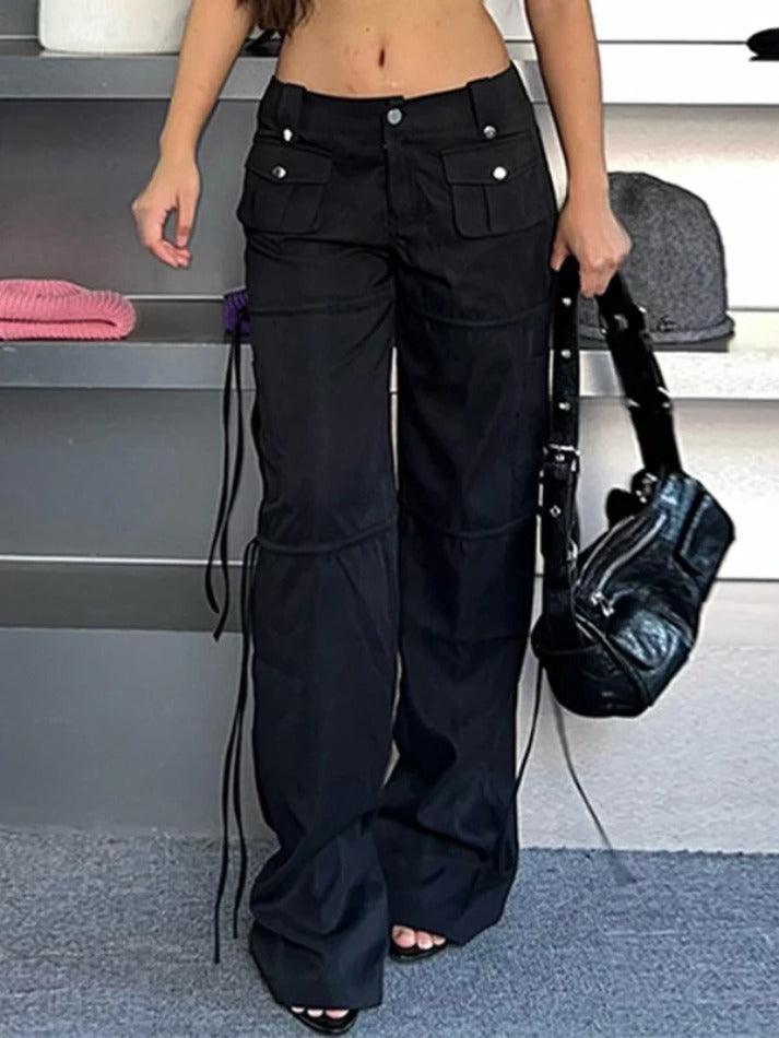 Low Waist Pocket Ribbon Splice Cargo Pants - AnotherChill