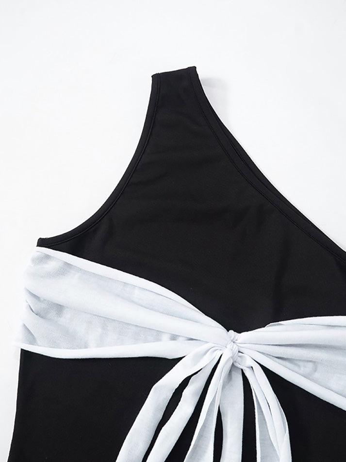 Contrast Asymmetrical Neck Bow Tie Tank Top