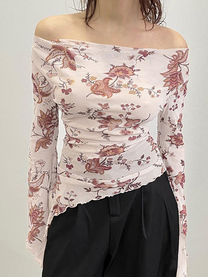 Off-Shoulder Floral Print Bell Sleeve Top