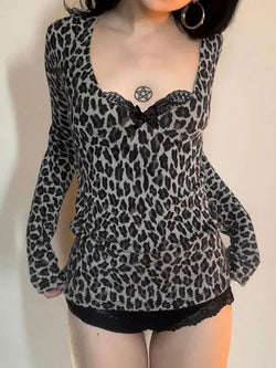 Lace Leopard Print V-Neck Fitted Long Sleeve Top