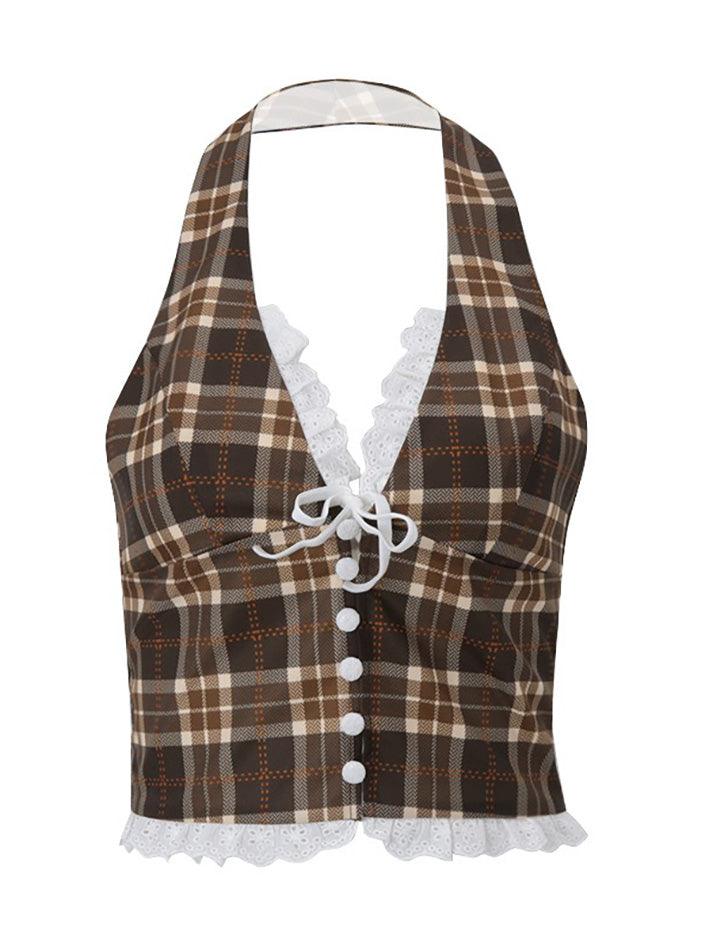 Vintage Lace-Trim Plaid Halter Vest