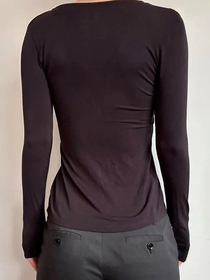 Solid V-Neck Split Slim Long Sleeve Top