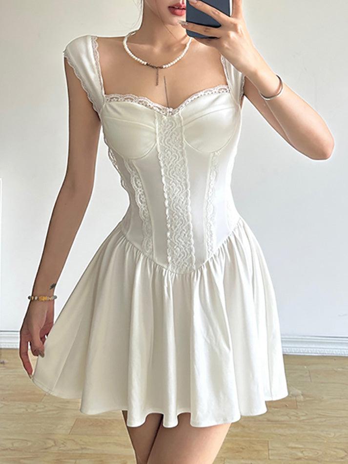 Plain Lace Trim Mini A-Line Corset Dress - AnotherChill