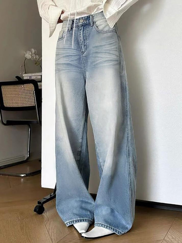 High Waist Washed Loose-Fit Wide-Leg Jeans