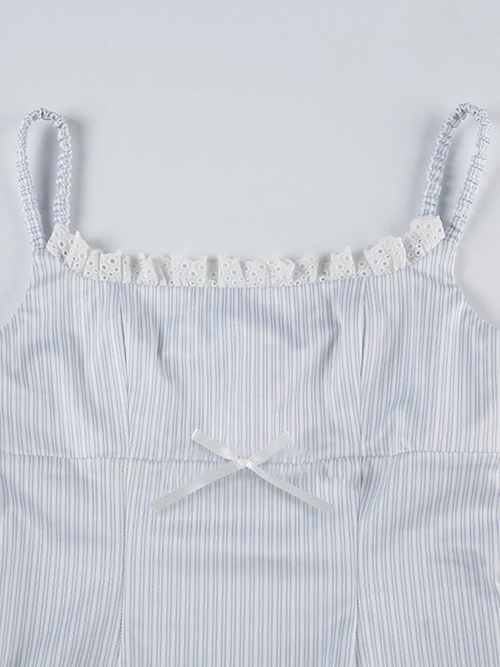 Lace-Trim Bow Accent Striped Slim-Fit Cami Top