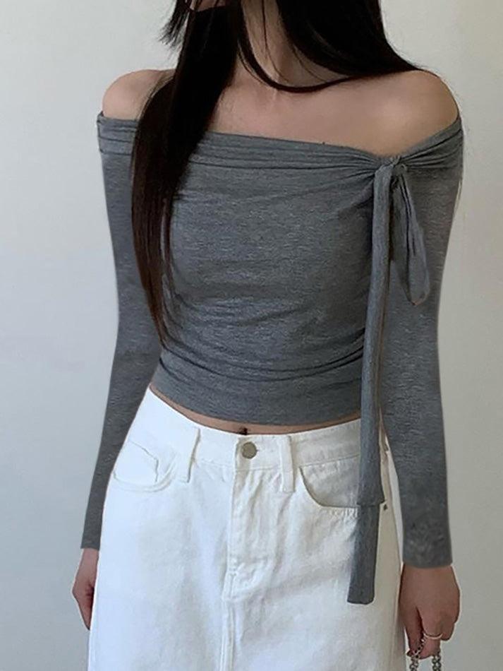 Long Sleeve Off-Shoulder Knotted Slim-Fit Crop Top