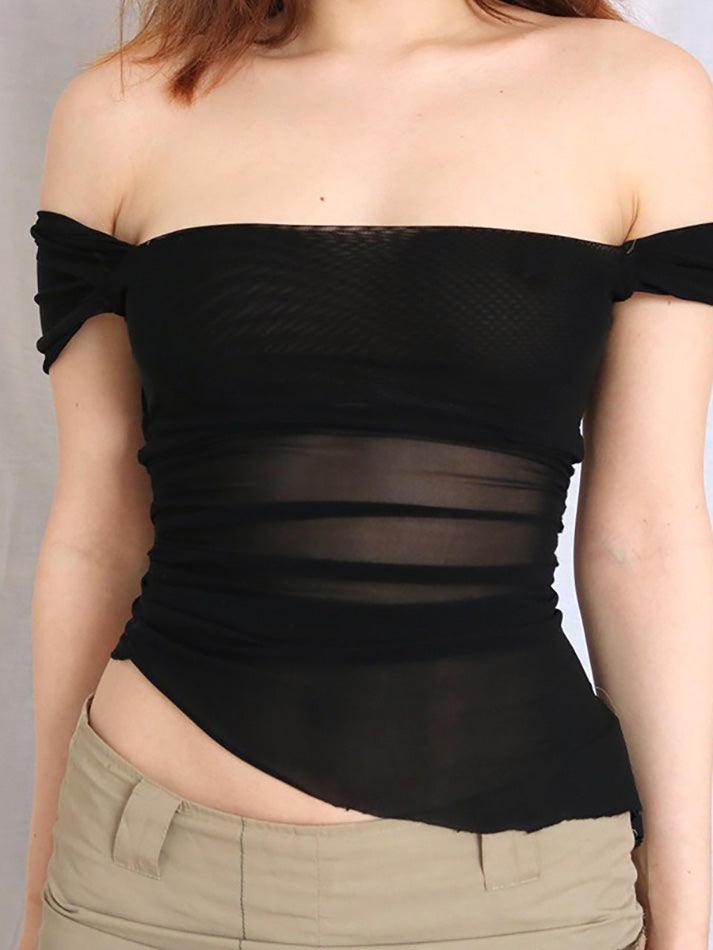 Asymmetrical Mesh Ruched Square Neck Top