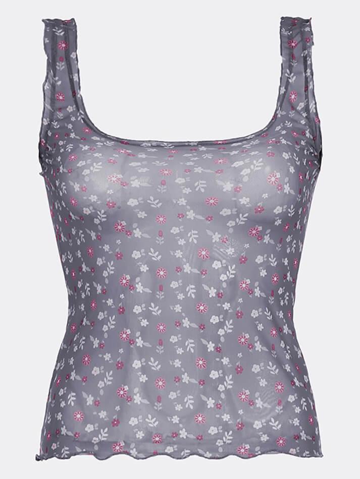Floral Mesh See-Through Tank Top - AnotherChill