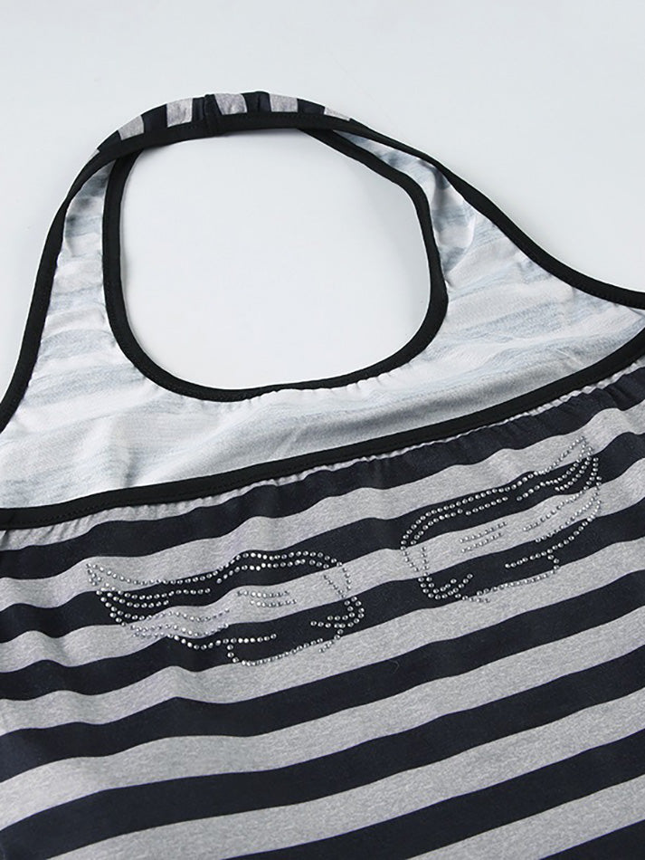 Wing Rhinestone Halter Backless Striped Tank Top