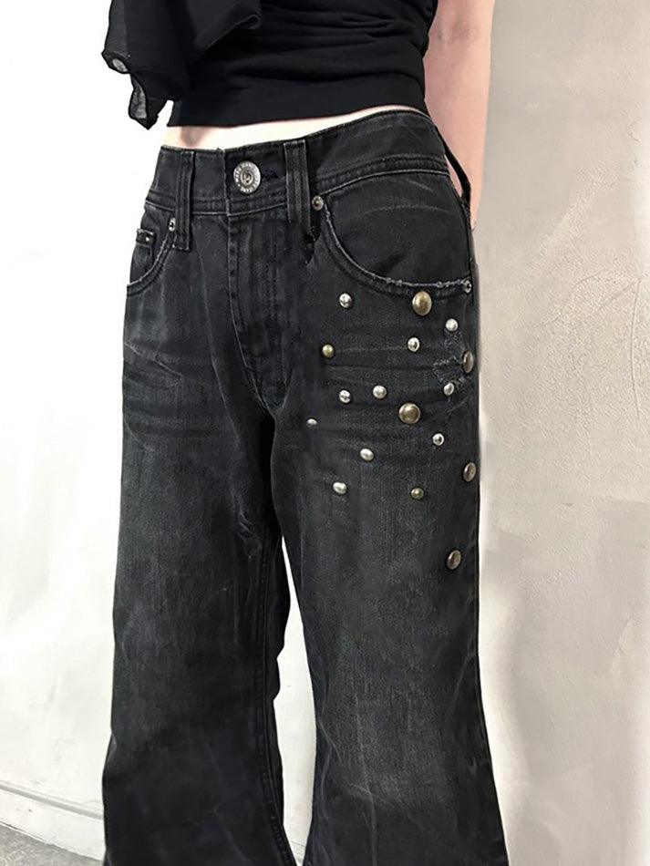 Vintage Washed Studded Flared Jeans