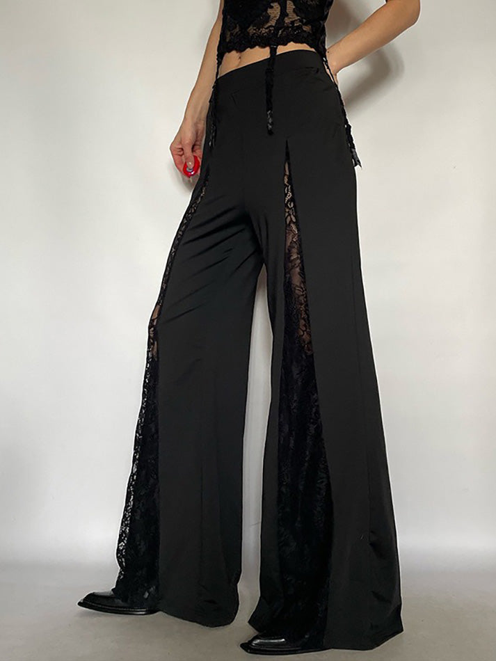 Solid Color Lace Trim Flared Pants