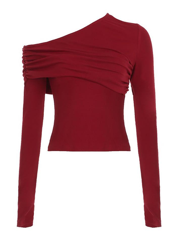 Solid Color Asymmetrical Ruched Long Sleeve Top