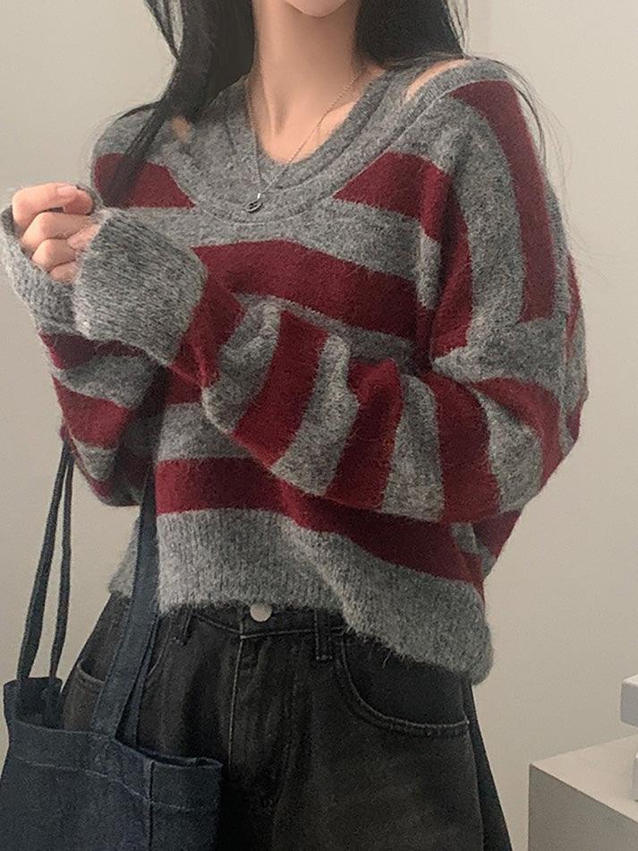 Contrast Striped Patchwork Fake Two-Piece Sweater