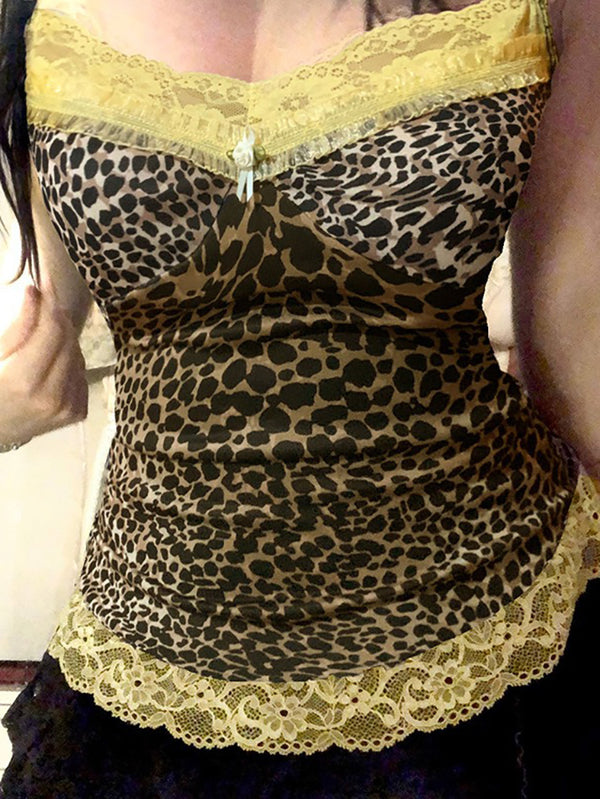 Lace Patchwork Leopard Print Tank Top