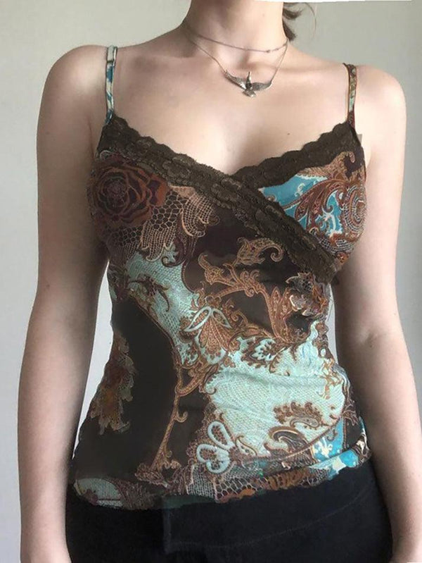 Vintage Floral Print Lace Mesh Tank Top