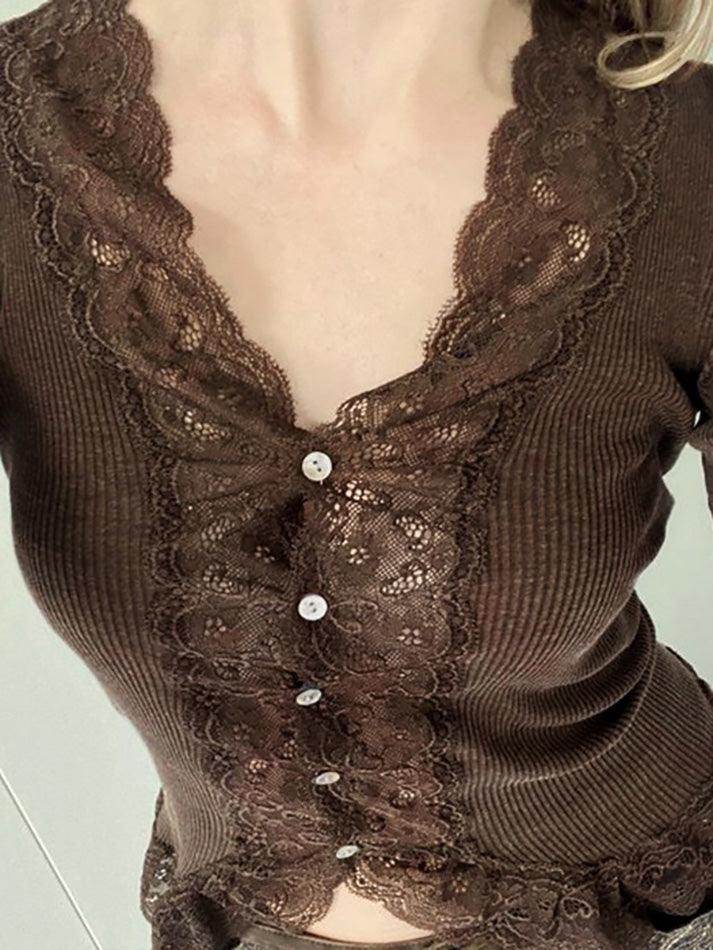 Vintage Lace Trim Sheer Knit Top