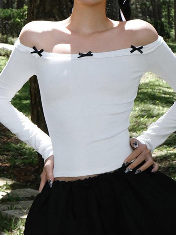 Bow Ruffle Off-Shoulder Long Sleeve Crop Top