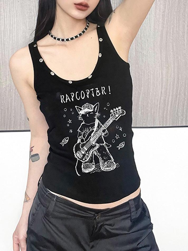 Vintage Printed Slim Fit U Neck Tank Top - AnotherChill