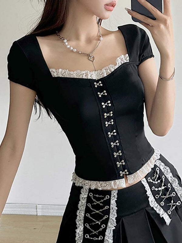 Contrast Lace Patchwork Square Neck Short Sleeve Top
