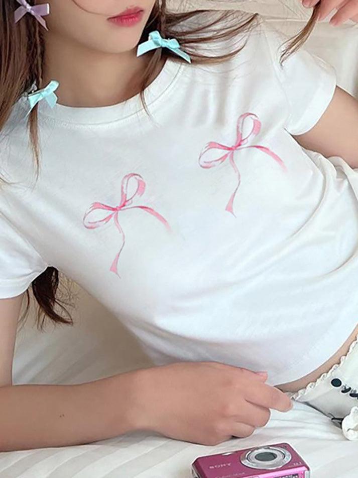 Short-Sleeve Crew Neck Bow Print Crop T-Shirt - AnotherChill