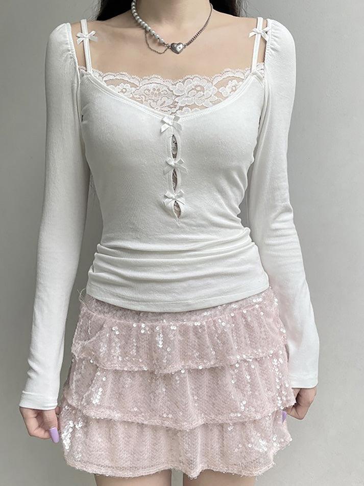 Lace Bow Hollow Long Sleeve Knit Top