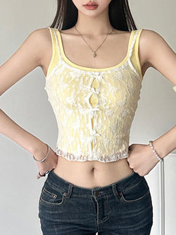 Lace Patchwork Yellow Bow Cami Tank Top - AnotherChill