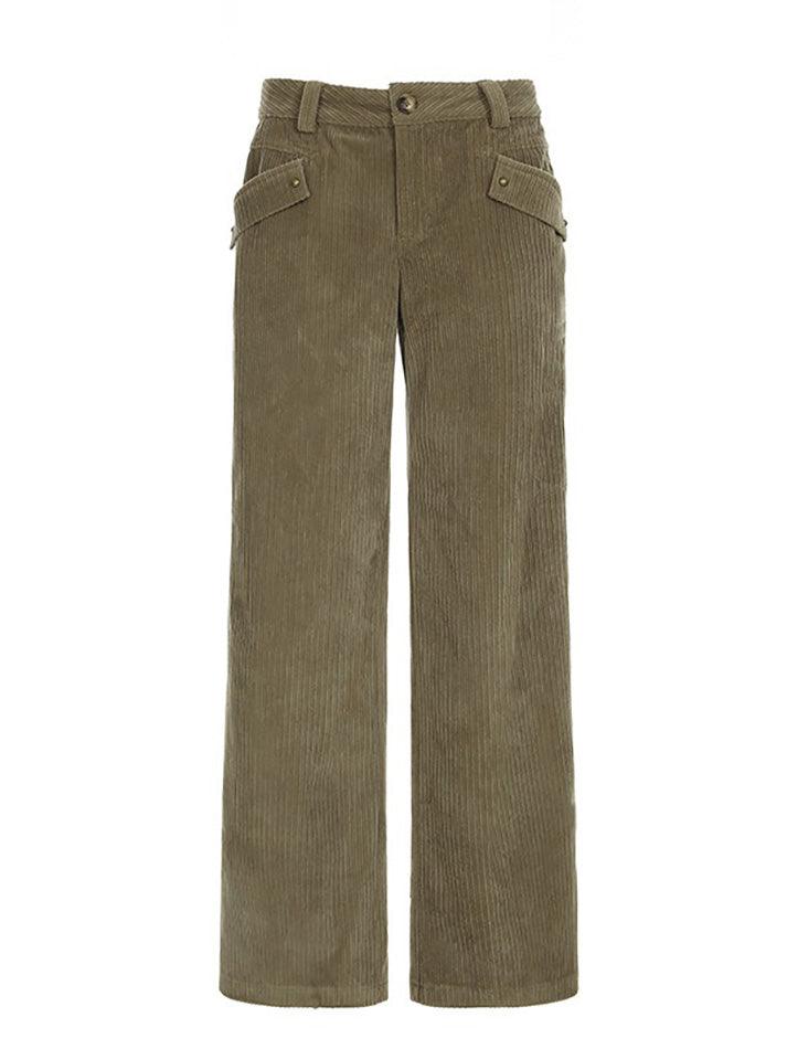 Cuffed Pocket Loose Corduroy Casual Pants