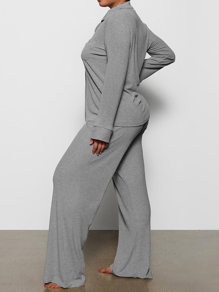 Long Sleeve Button Down Ribbed Knit Pajamas Set