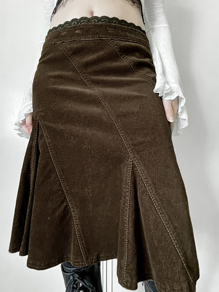 Vintage Lace Trim A-Line Midi Skirt