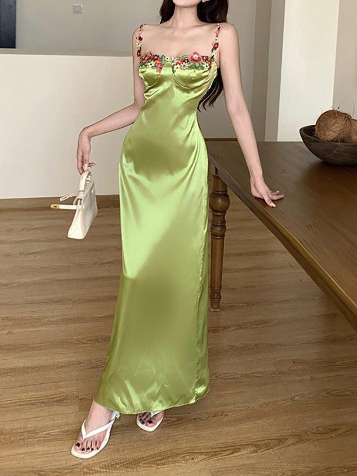 Sexy Spaghetti Strap Floral Satin Maxi Dress - AnotherChill