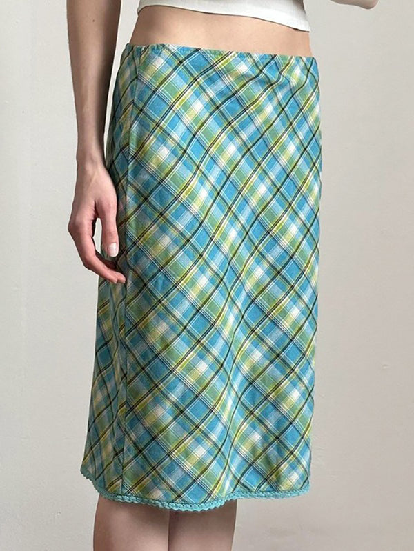 Vintage Lace Trim Contrast Plaid Midi Skirt