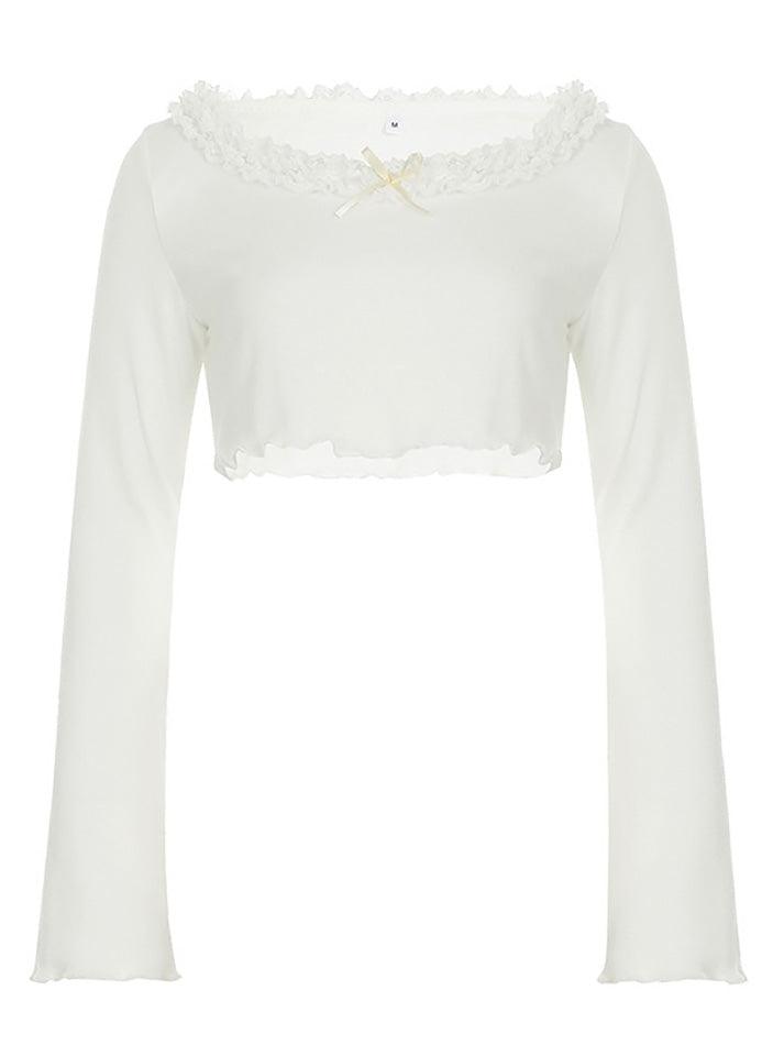 White Lace Trim Bow Long Sleeve Crop Top