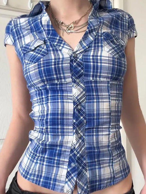 Vintage Plaid Button-Up Collared Short Sleeve Shirt